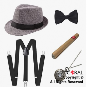 SET DISFRAZ INVESTIGADOR SOMBRERO TIRADORES, MOO,RELOJ DE BOLSILLO Y CIGARRO x 1